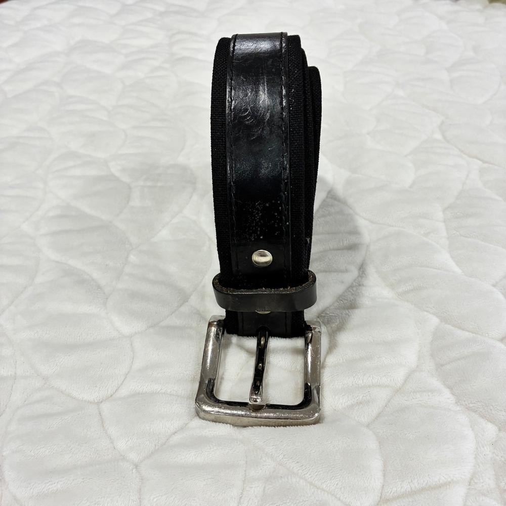 Mens Black Leather Trim Canvas Belt Silver Buckle Casual Workwear Retro-50" Long
